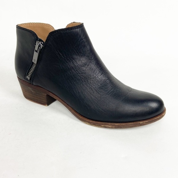 Lucky Brand Burklee Leather Black Double Side Zip Stacked Heel Ankle Boots - Picture 1 of 16